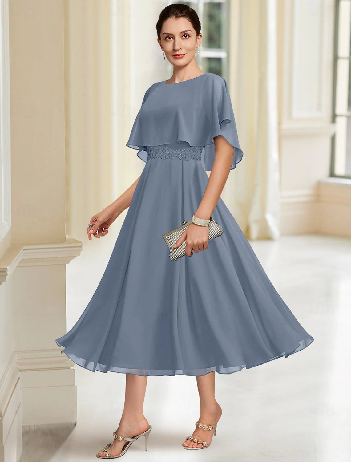 Buyishang A-Line Mother of the Bride Dress Elegant Jewel Neck Tea Length Chiffon Half Sleeve with Lace free custom size